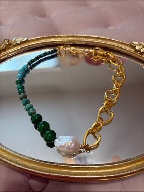 Gold Chain Necklace with Green Beads and Baroque Pearl